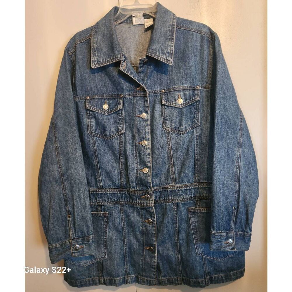 O6 Roaman's womens denim jeans button up jacket fitted style & multiple pockets